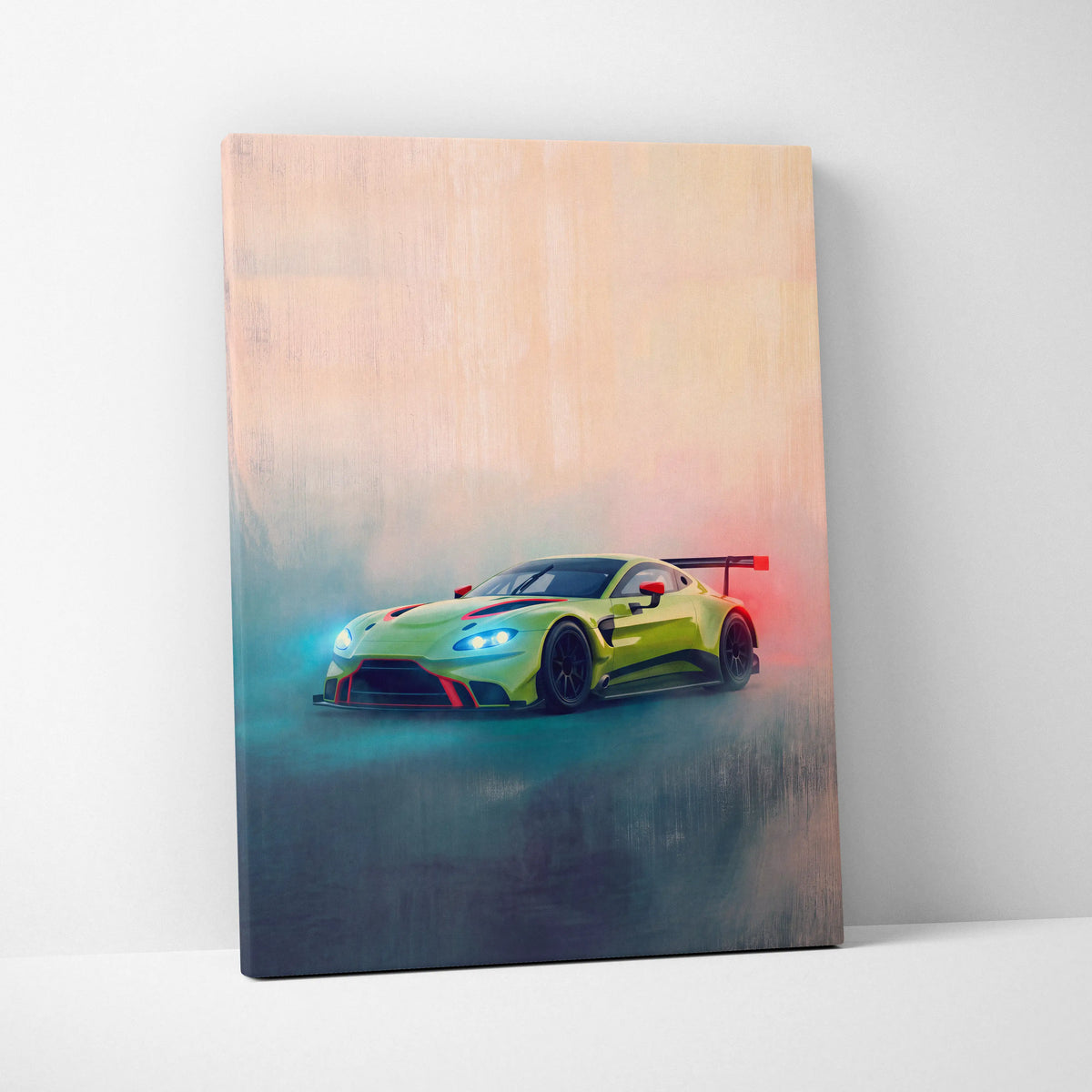 Aston Martin vantage gt3 inspired supercar canvas art with vibrant lime green and red accents and glowing headlights
