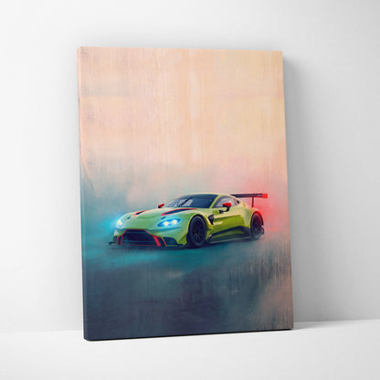 Aston Martin vantage gt3 inspired supercar canvas art with vibrant lime green and red accents and glowing headlights