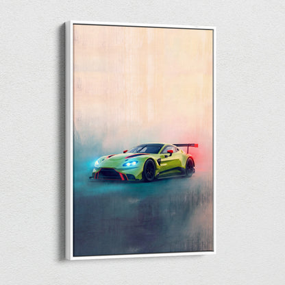 Aston Martin Vantage GT3 inspired supercar canvas art featuring a vibrant lime green race car with red accents and rear wing