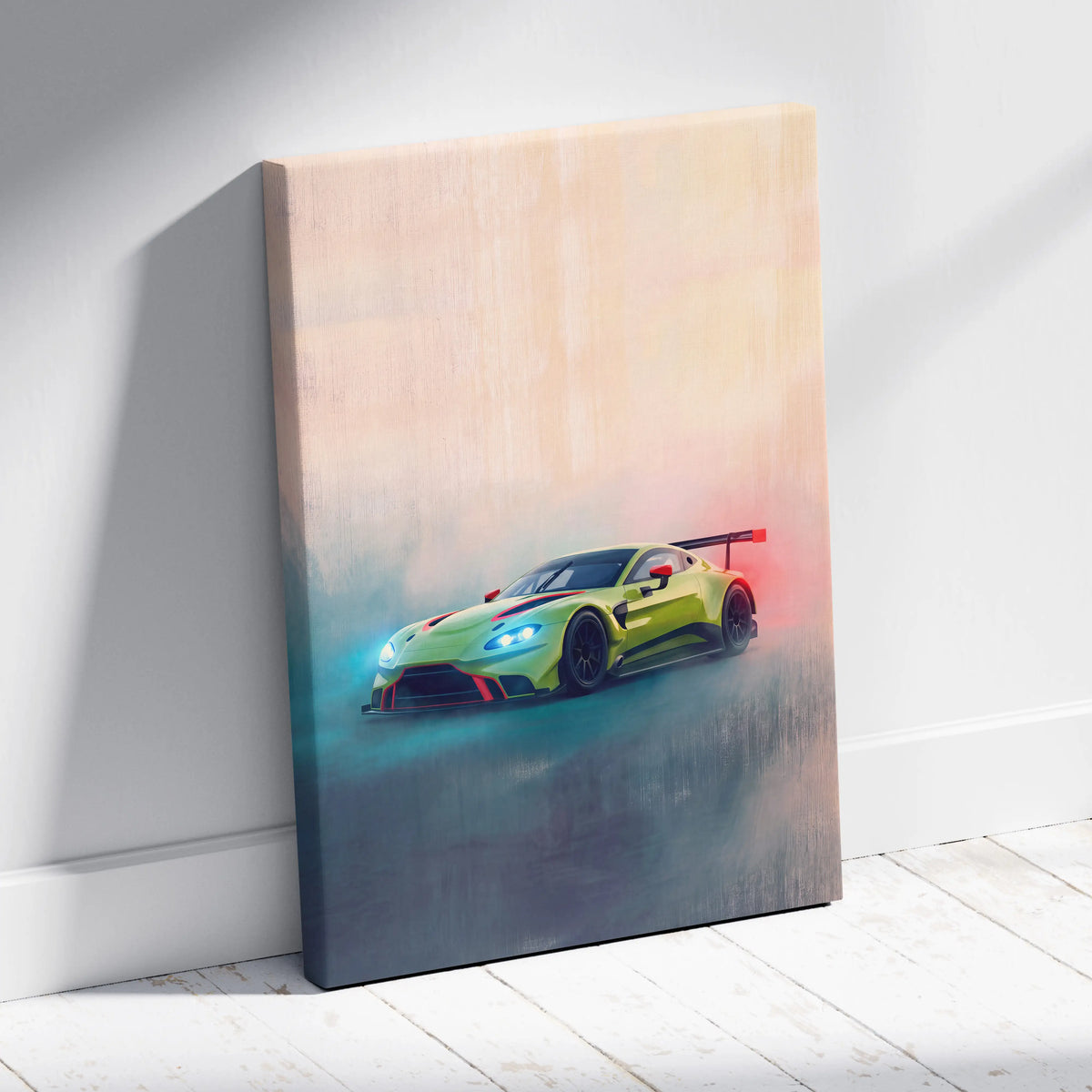 Aston Martin vantage gt3 inspired lime green race car canvas art with blue headlights and red accents on wooden frame