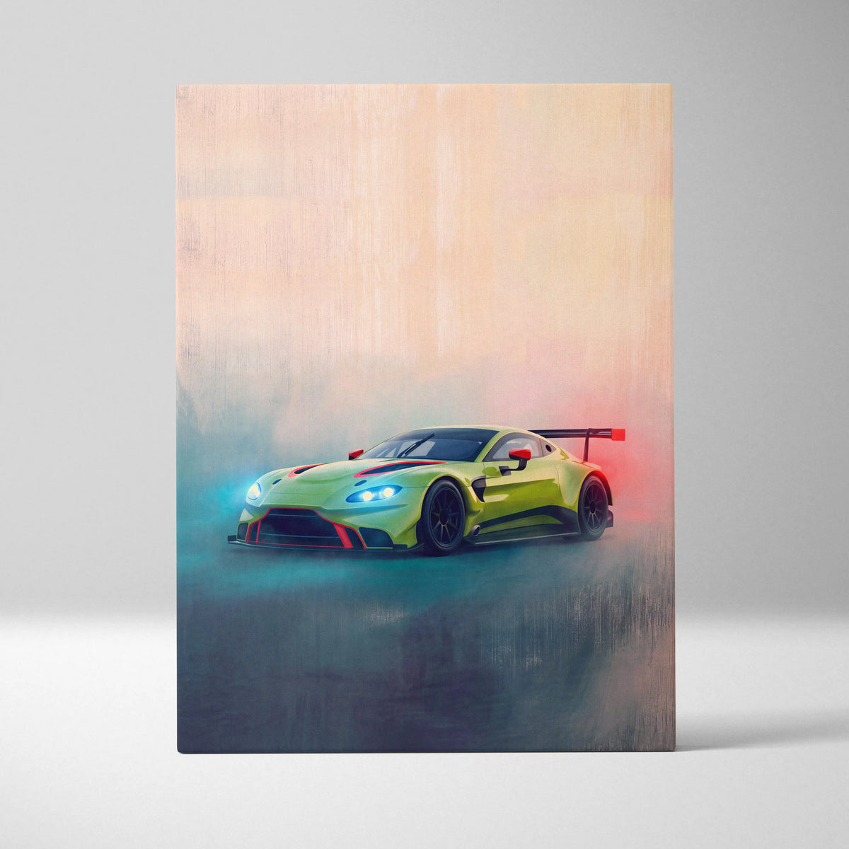 Aston Martin Vantage GT3 inspired supercar canvas art featuring a vibrant lime green race car with red accents in motion