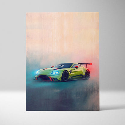 Aston Martin Vantage GT3 inspired supercar canvas art featuring a vibrant lime green race car with red accents in motion
