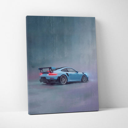 Blue Porsche 911 GT2 RS inspired canvas art featuring a sleek sports car with glowing red taillights for wall decor