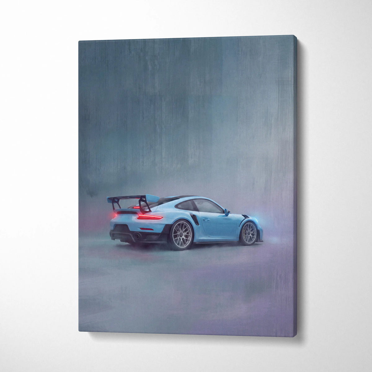 Porsche 911 gt2 rs inspired canvas art featuring light blue porsche 911 gt2 rs in motion with black accents and red taillights