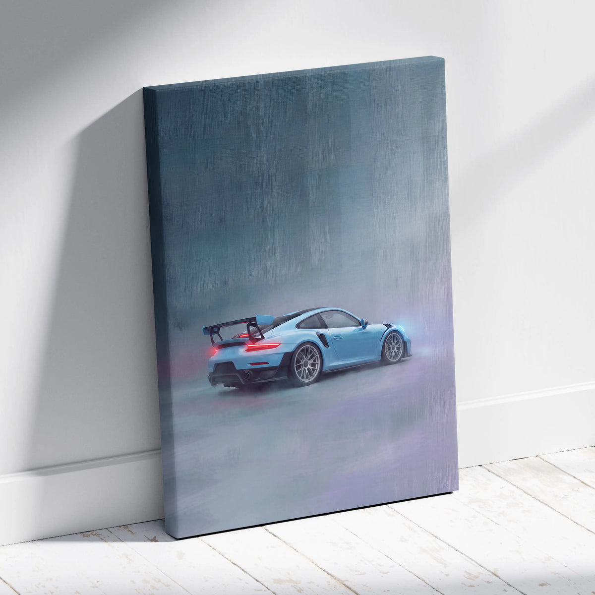 Blue Porsche 911 gt3 rs canvas print featuring a sleek high-performance sports car in motion for premium wall decor