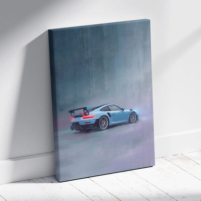 Blue Porsche 911 gt3 rs canvas print featuring a sleek high-performance sports car in motion for premium wall decor