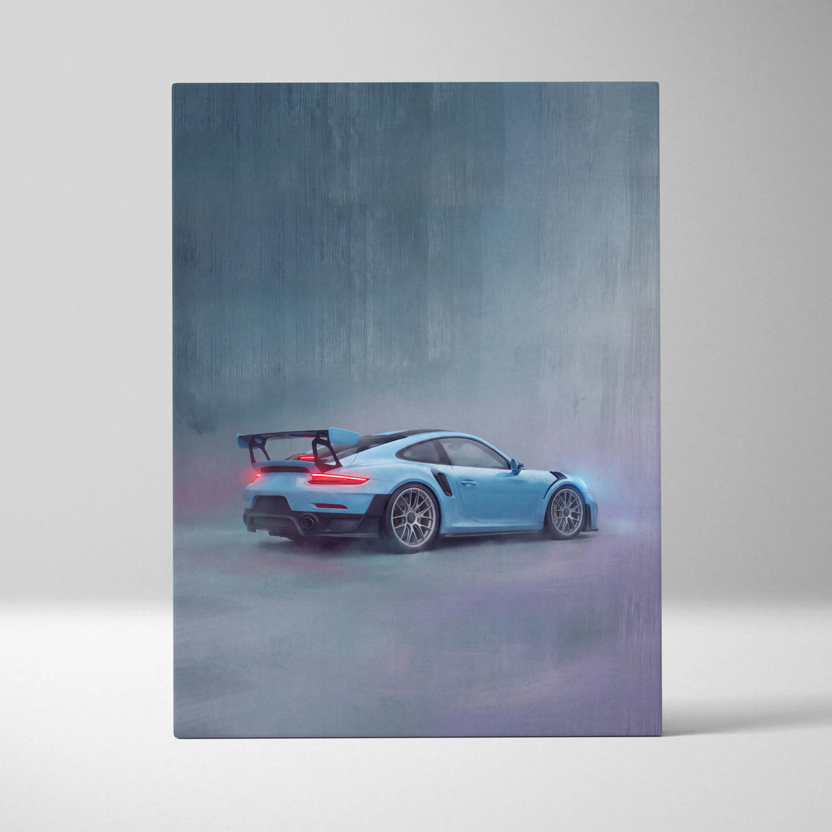 Light blue porsche 911 gt2 rs canvas art with black racing stripes and prominent rear wing for automotive wall decor