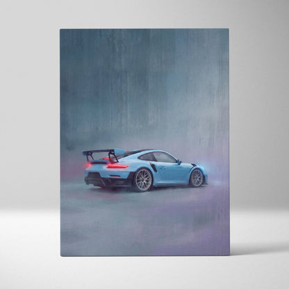 Light blue porsche 911 gt2 rs canvas art with black racing stripes and prominent rear wing for automotive wall decor