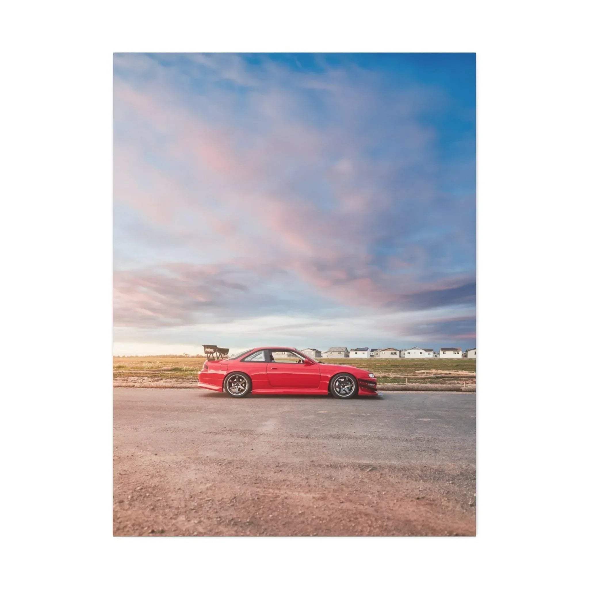 Red Nissan 240sx S14 Kouki car on open road under pastel sky canvas art wall art.