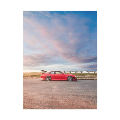 Red Nissan 240sx S14 Kouki car on open road under pastel sky canvas art wall art.