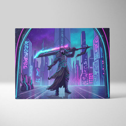 Vaporwave Neon Warrior Canvas - Cyberpunk Warrior Neon Pink Blue Living Room Vaporwave Canvas Art