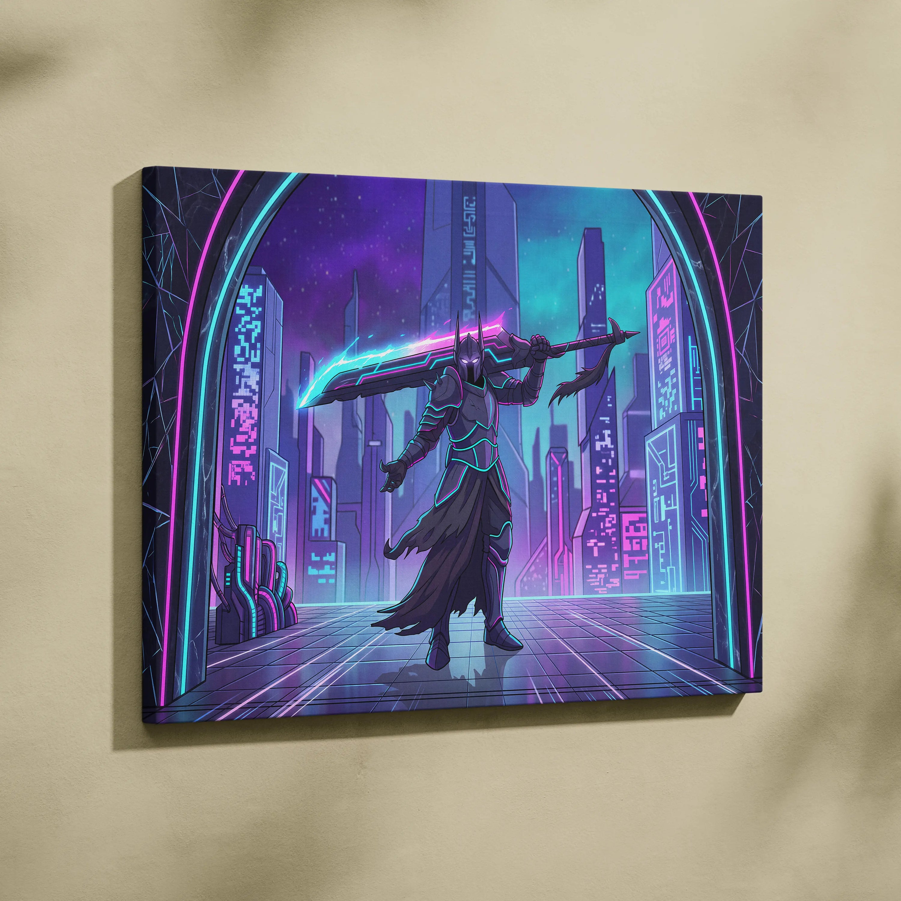 Vaporwave Neon Warrior Canvas - Cyberpunk Warrior Neon Pink Blue Living Room Vaporwave Canvas Art