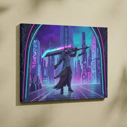 Vaporwave Neon Warrior Canvas - Cyberpunk Warrior Neon Pink Blue Living Room Vaporwave Canvas Art