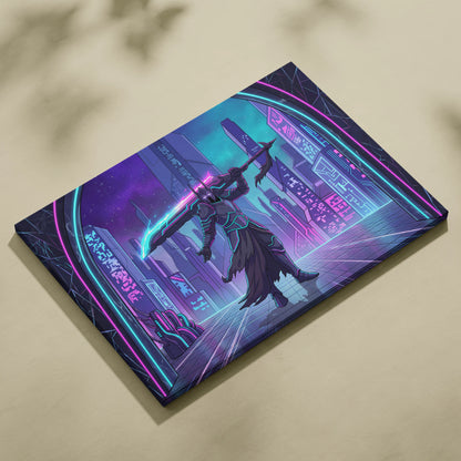 Vaporwave Neon Warrior Canvas - Cyberpunk Warrior Neon Pink Blue Living Room Vaporwave Canvas Art