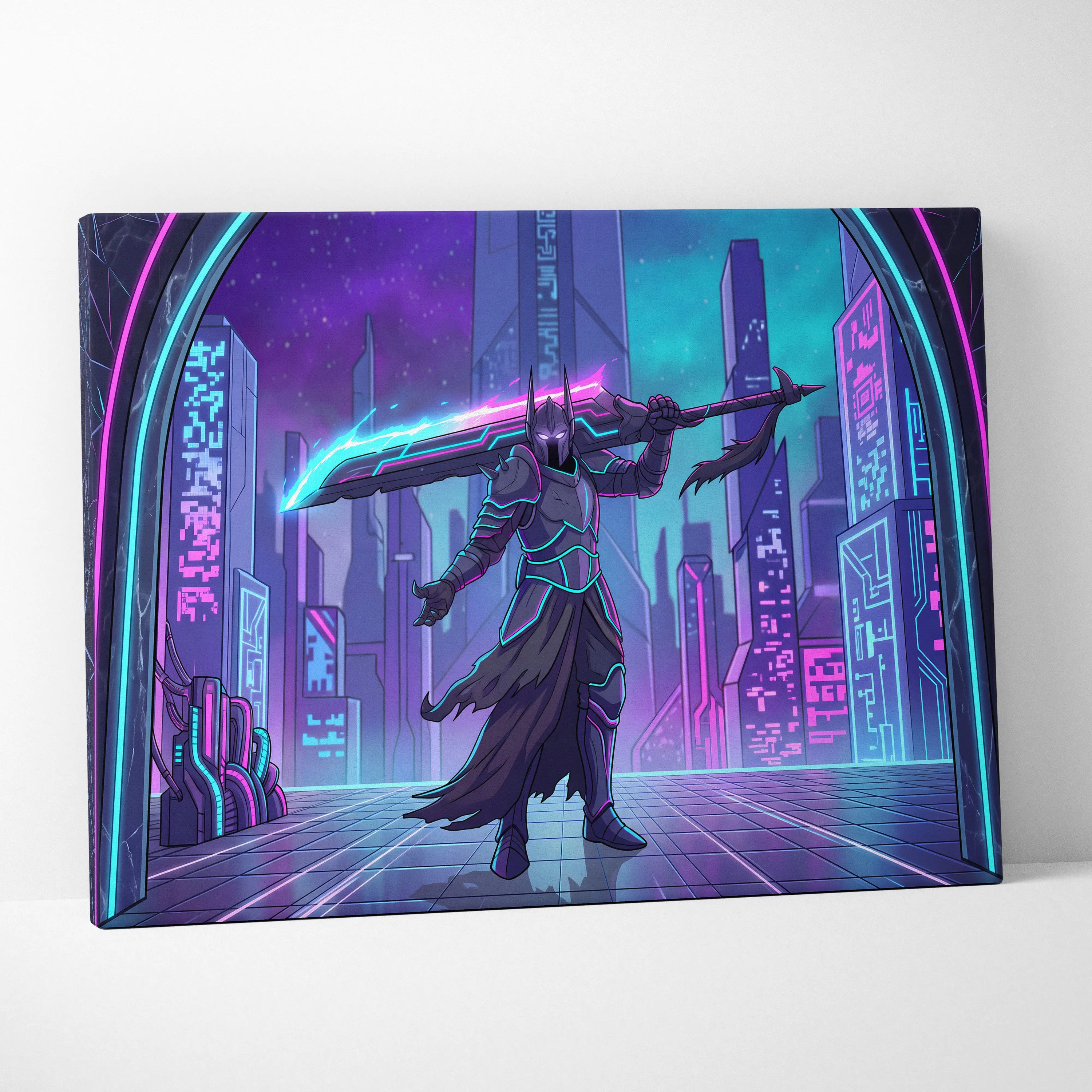 Vaporwave Neon Warrior Canvas - Cyberpunk Warrior Neon Pink Blue Living Room Vaporwave Canvas Art
