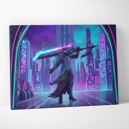 Vaporwave Neon Warrior Canvas - Cyberpunk Warrior Neon Pink Blue Living Room Vaporwave Canvas Art