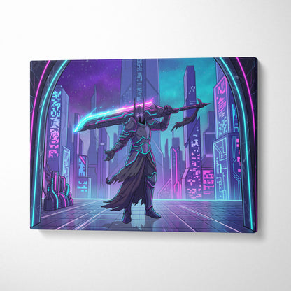 Vaporwave Neon Warrior Canvas - Cyberpunk Warrior Neon Pink Blue Living Room Vaporwave Canvas Art