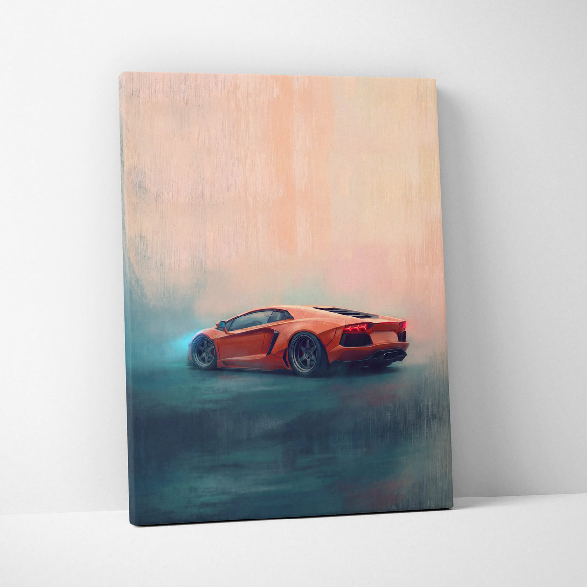 Lamborghini Aventador inspired vibrant orange sports car wall art on stylized painterly canvas print track edition