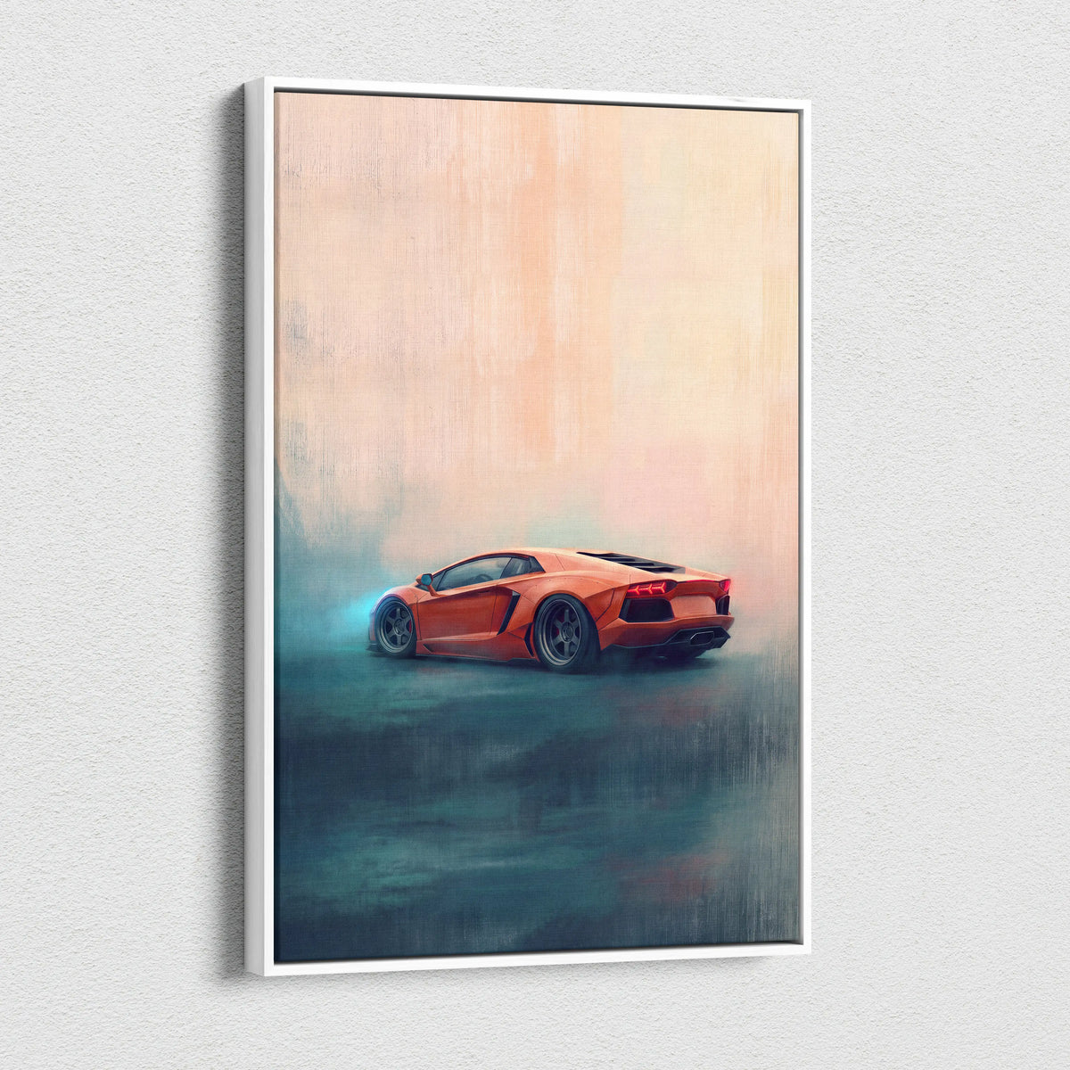 Orange lamborghini aventador sports car stylized painterly artwork in white frame canvas painting print wall art