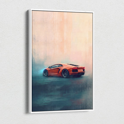 Orange lamborghini aventador sports car stylized painterly artwork in white frame canvas painting print wall art