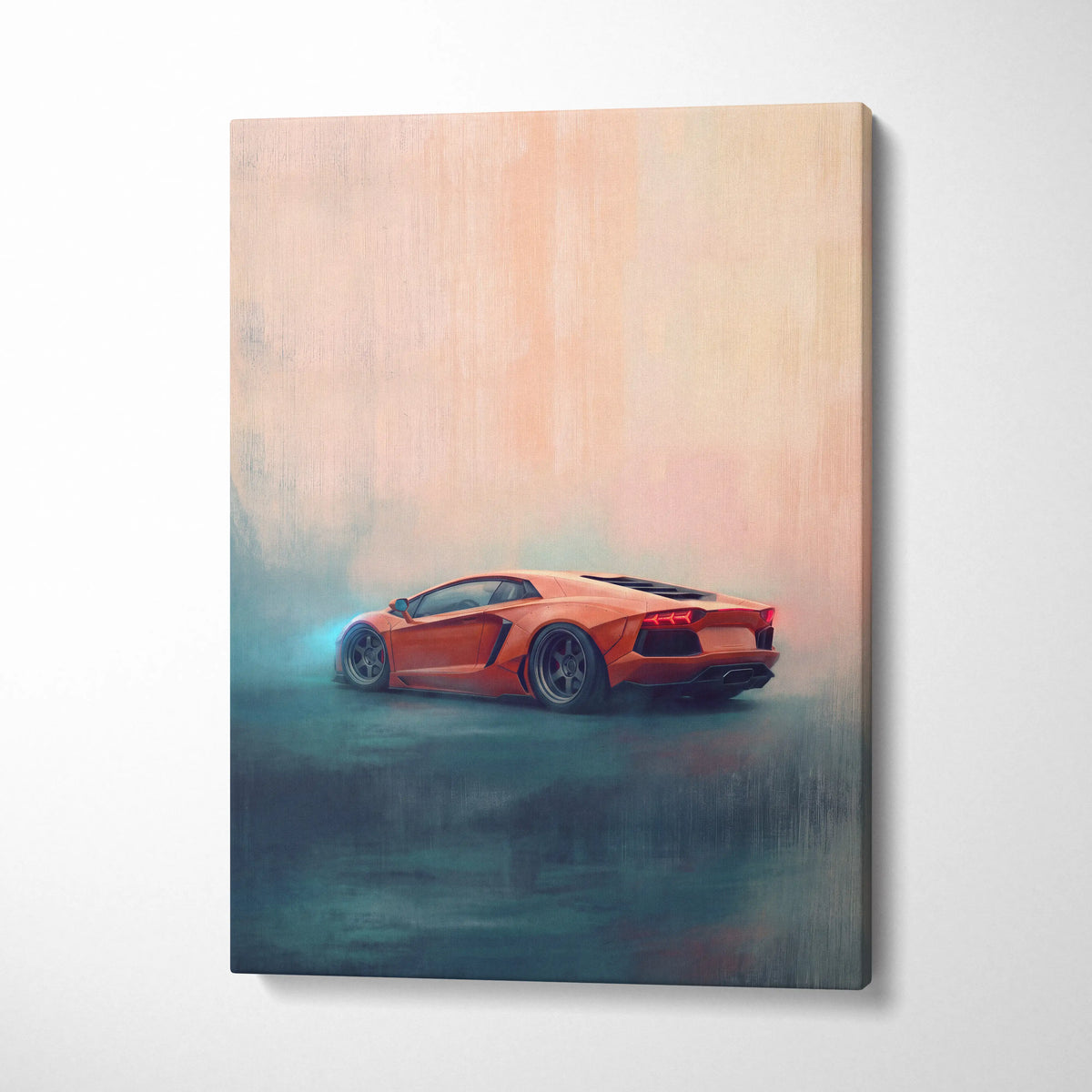 Orange Lamborghini Aventador sports car stylized painting on canvas for Lamborghini Aventador inspired wall art print
