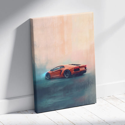 Orange Lamborghini Aventador sports car canvas print featuring track edition design for wall art decoration