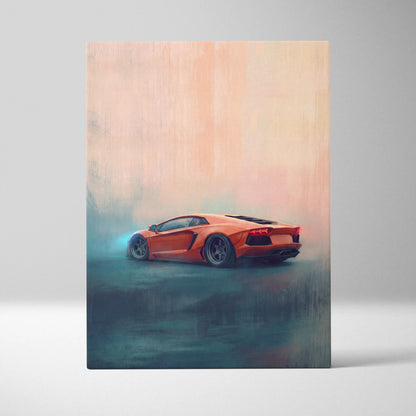 Vibrant orange lamborghini aventador track edition canvas painting print featuring dynamic stylized car with mist effects