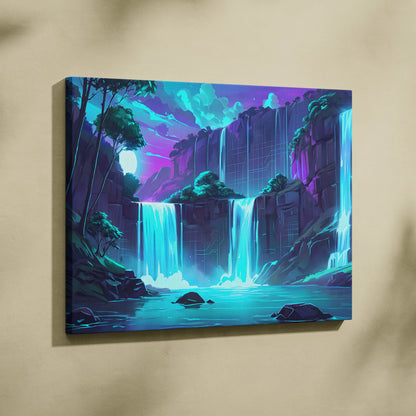 Neon Vaporwave Landscape Canvas - Landscape Neon Pink Cyan Waterfall Vaporwave Dreamy Surreal Mood Modern Decor Canvas