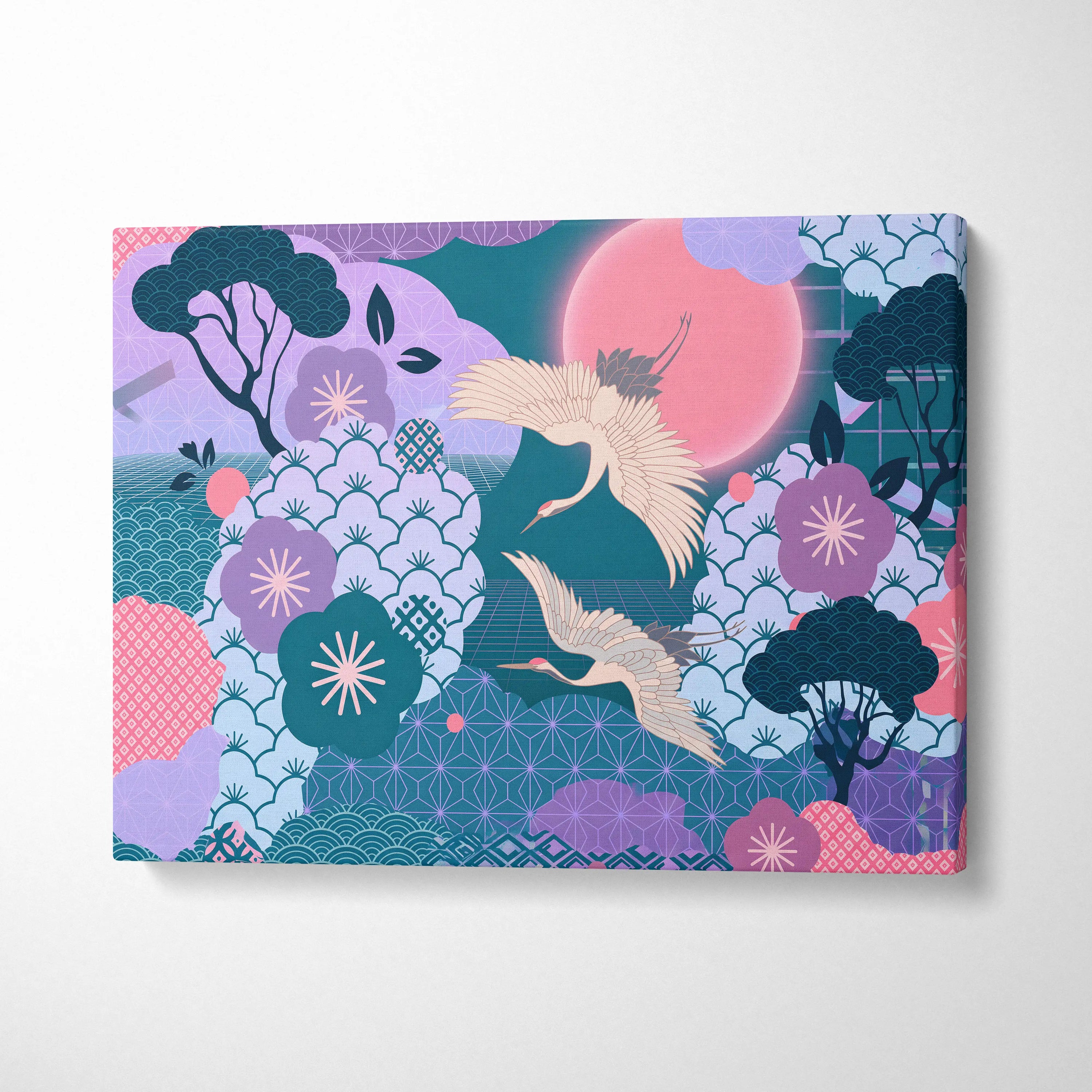 Pastel Vaporwave Japan Landscape Canvas - Japan Landscape Pink Teal Vaporwave Dreamy Retro Futurist Japanese Art Canvas