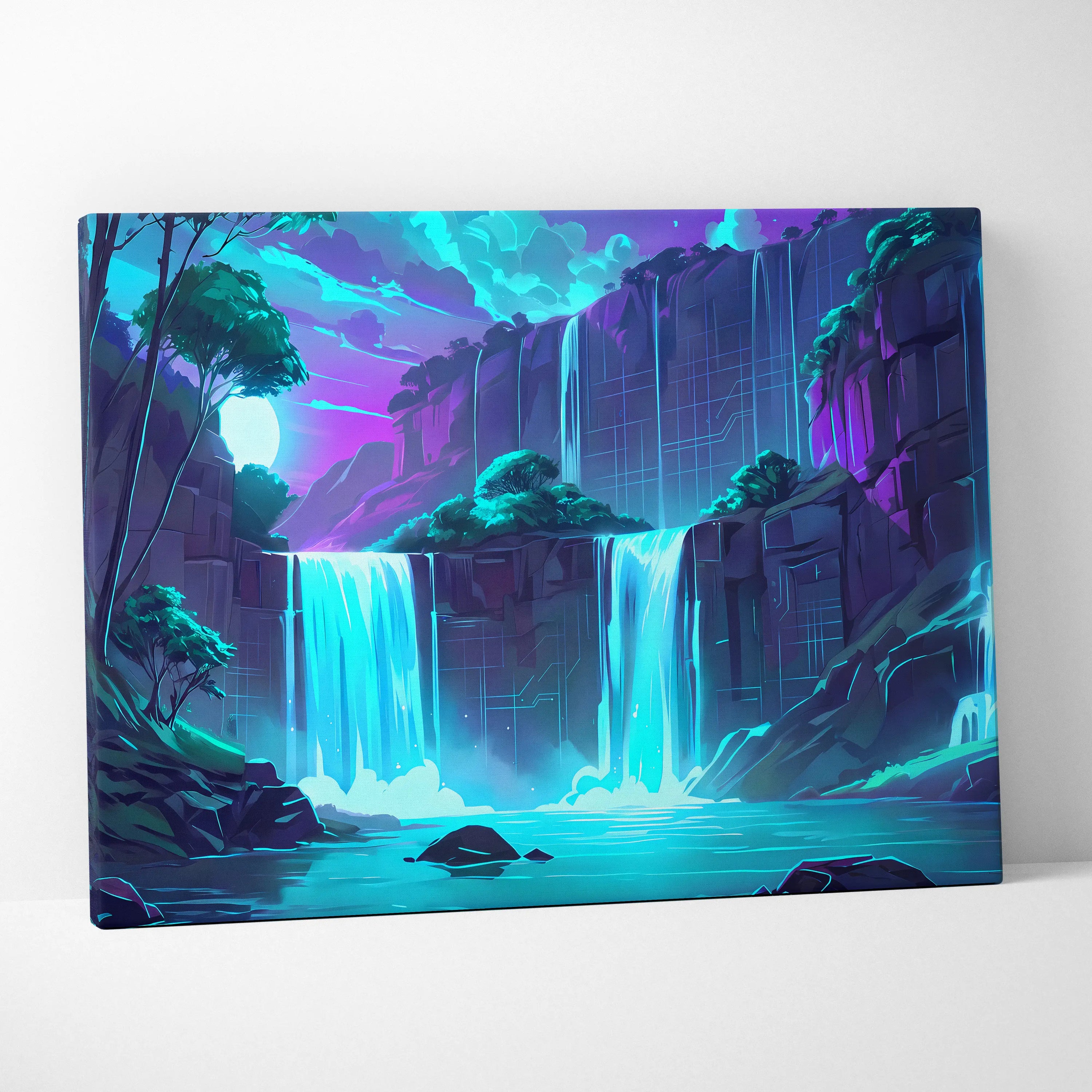 Neon Vaporwave Landscape Canvas - Landscape Neon Pink Cyan Waterfall Vaporwave Dreamy Surreal Mood Modern Decor Canvas