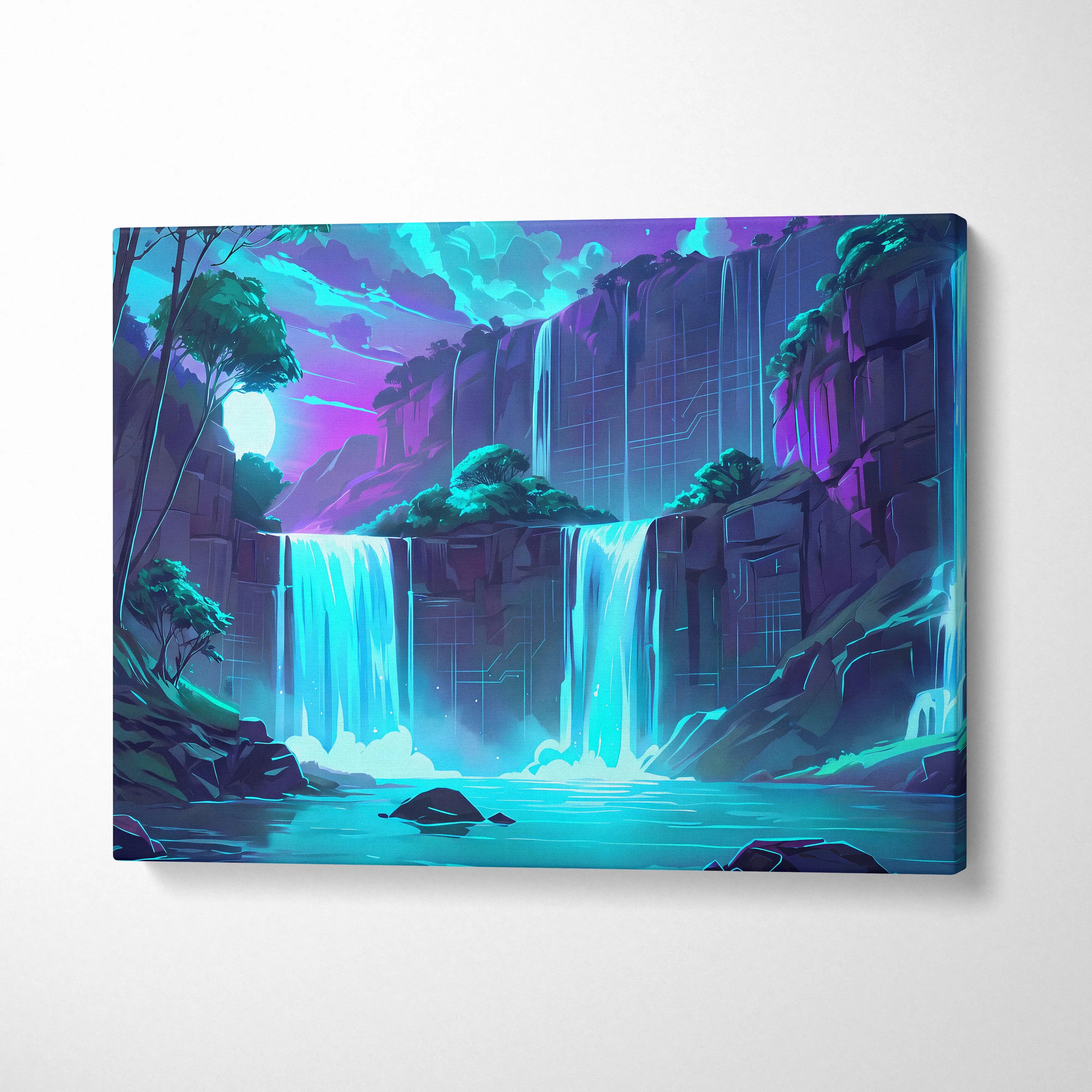 Neon Vaporwave Landscape Canvas - Landscape Neon Pink Cyan Waterfall Vaporwave Dreamy Surreal Mood Modern Decor Canvas
