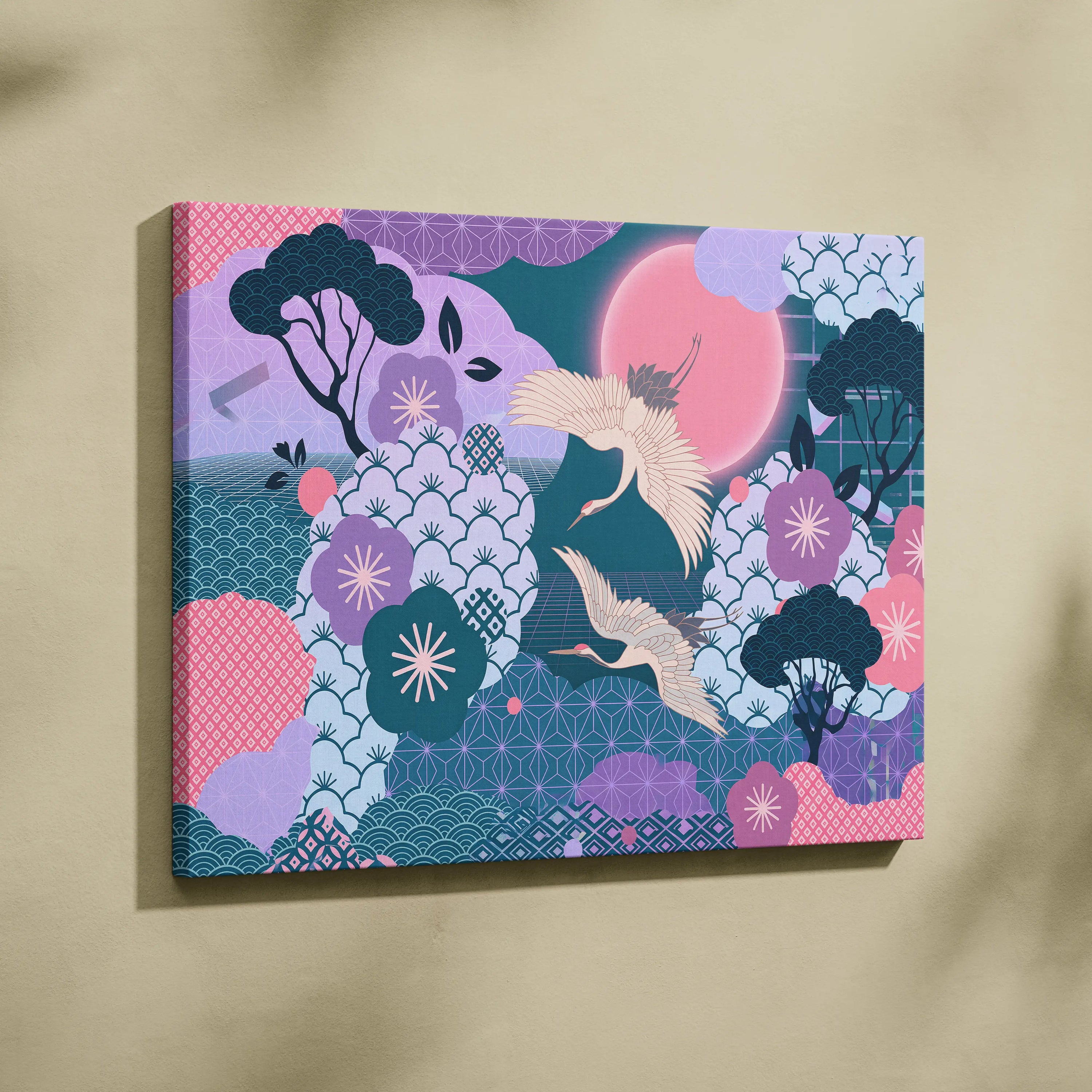 Pastel Vaporwave Japan Landscape Canvas - Japan Landscape Pink Teal Vaporwave Dreamy Retro Futurist Japanese Art Canvas