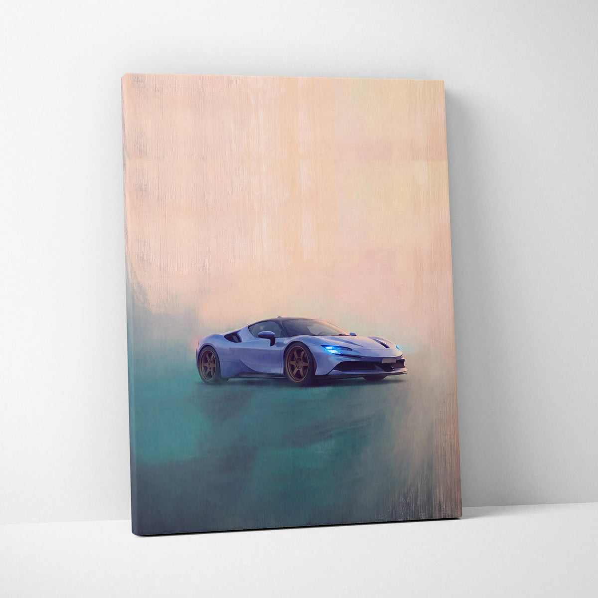 A light blue Ferrari SF90 Stradale inspired canvas art with misty teal and peach gradient background for wall decor