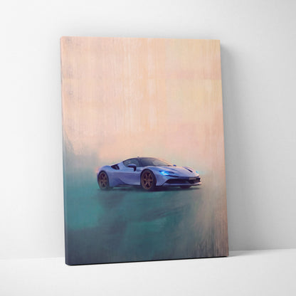 A light blue Ferrari SF90 Stradale inspired canvas art with misty teal and peach gradient background for wall decor