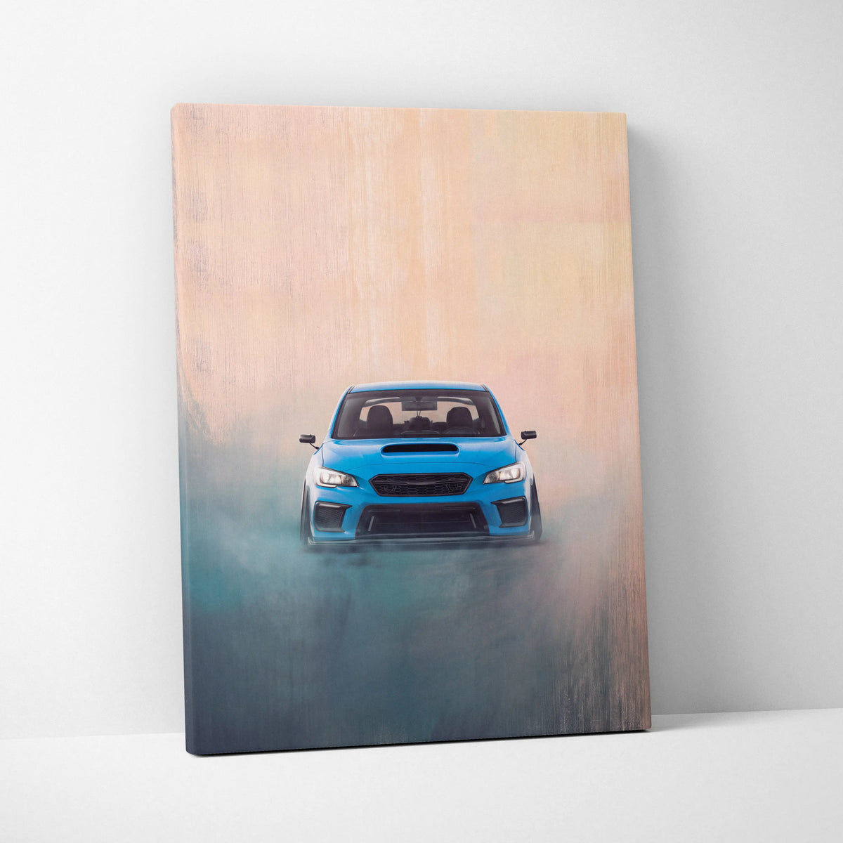 Blue Subaru WRX STI sedan depicted on a canvas print for rally tuner automotive wall art in living room decor
