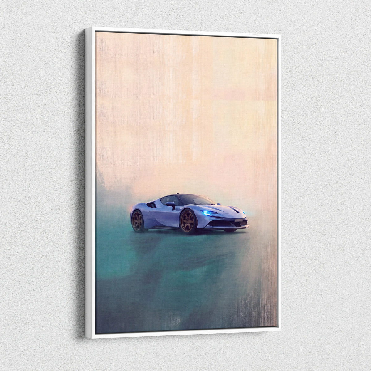 A framed canvas print of a light blue ferrari SF90 Stradale with glowing headlights and bronze wheels on a misty background
