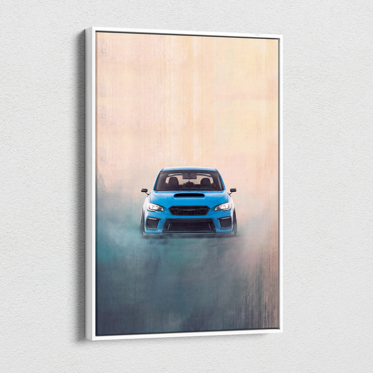 Subaru wrx sti inspired automotive wall art featuring a vibrant blue sports car in a misty rally tuner canvas print