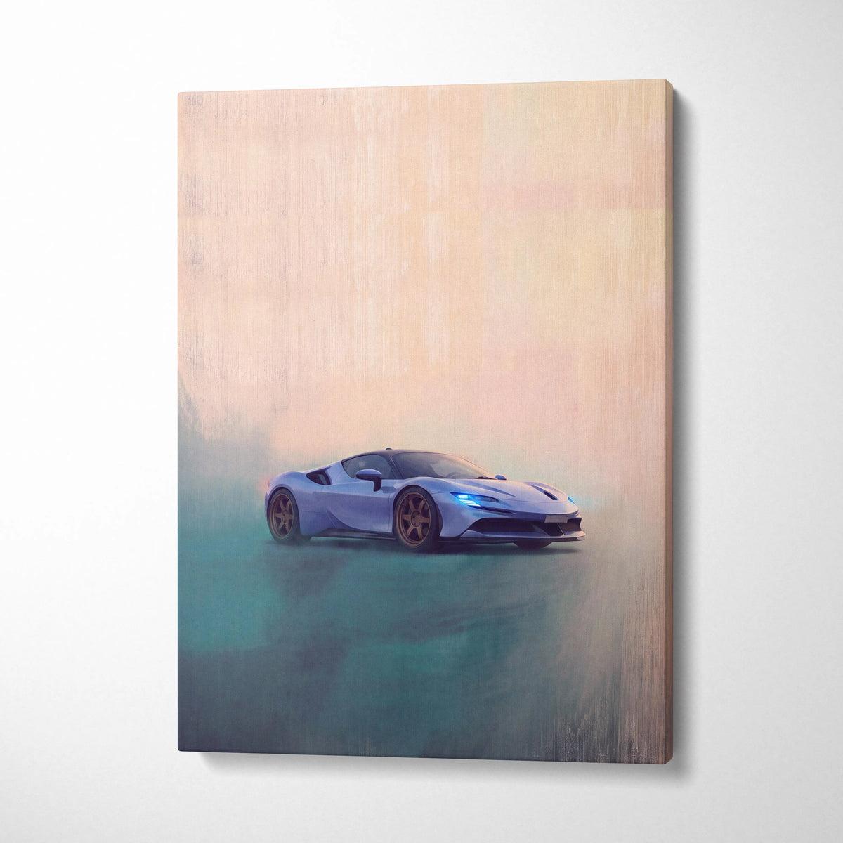 A sleek light blue Ferrari SF90 Stradale inspired sports car painted on wooden canvas premium wall decor