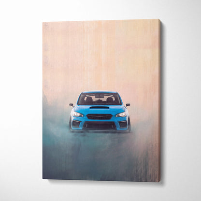 Vibrant blue subaru wrx performance sedan in dynamic drift scene on rally tuner canvas print for living room wall art