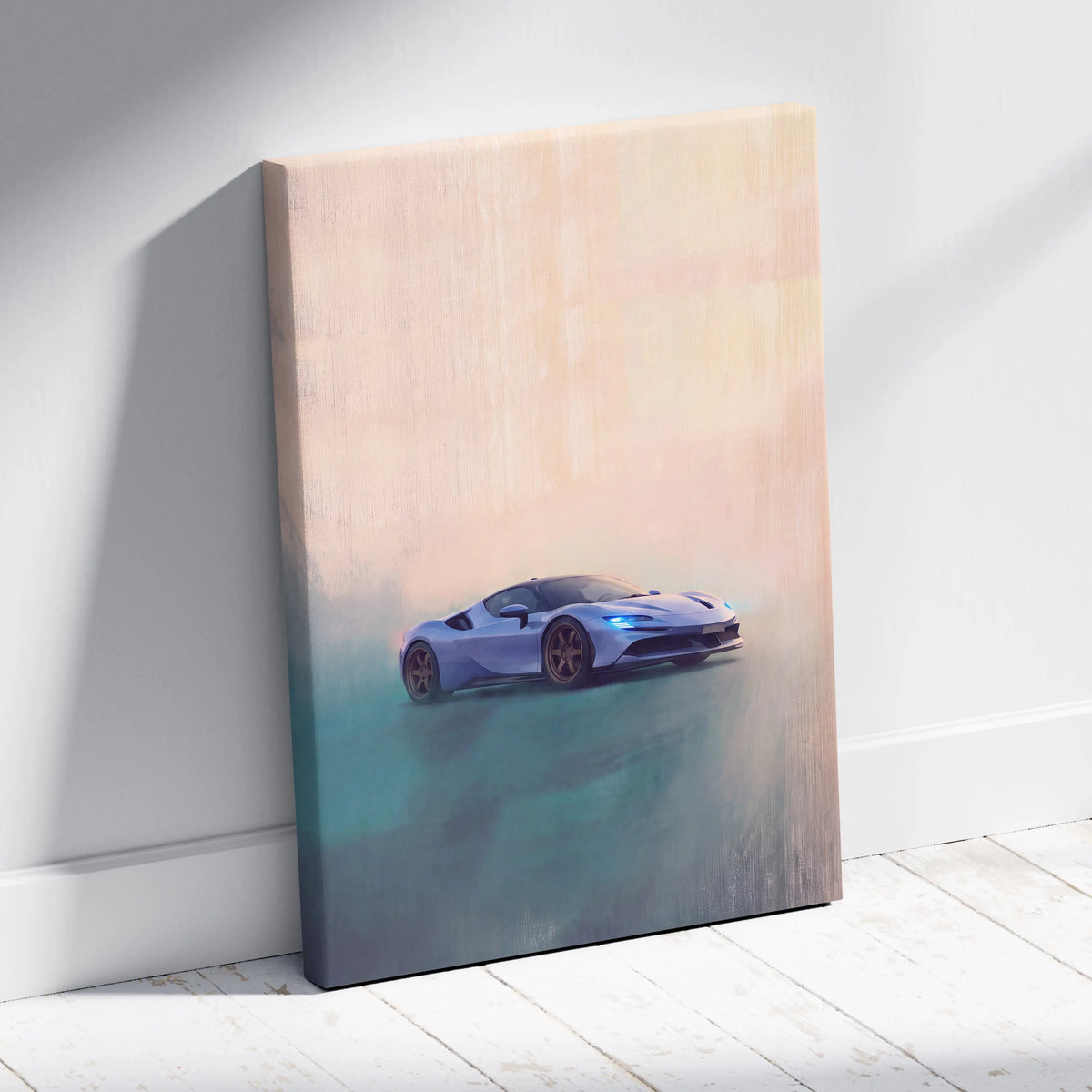 A sleek light blue Ferrari SF90 Stradale inspired canvas art with peach and teal gradient background wall decor