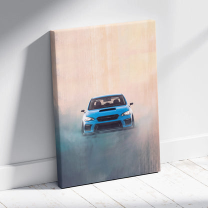 Blue Subaru WRX STI canvas print featuring a dynamic front-facing view emerging from mist for living room wall art