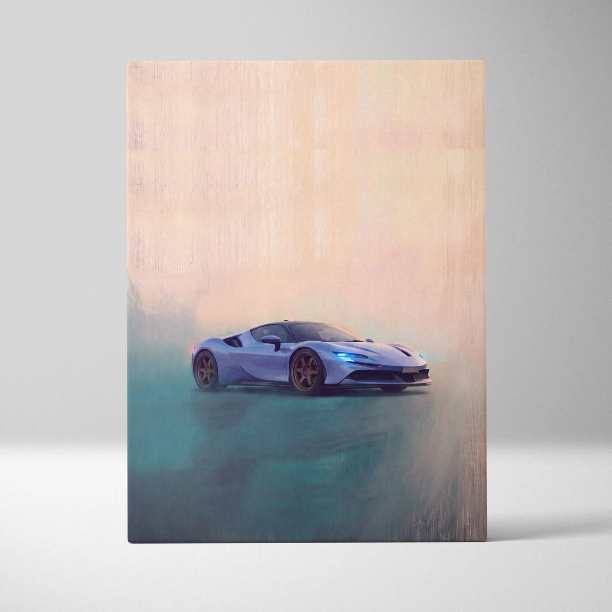 A sleek light blue ferrari sf90 stradale inspired canvas art with glowing headlights and bronze wheels for wall decor