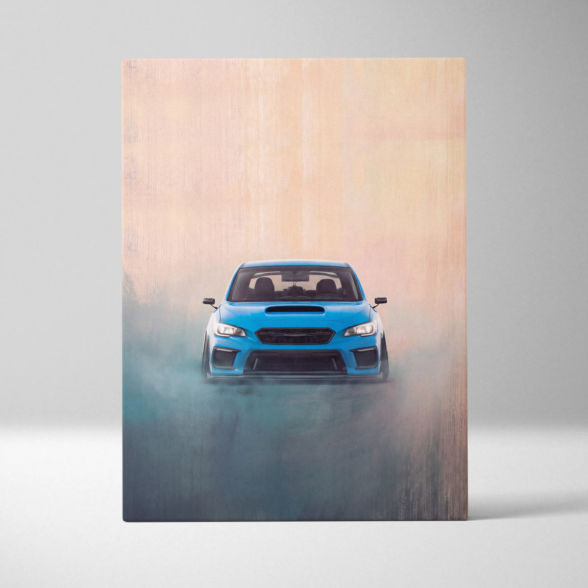 Subaru wrx sti inspired automotive wall art featuring a vibrant blue sports car in a smoky dynamic rendering on canvas