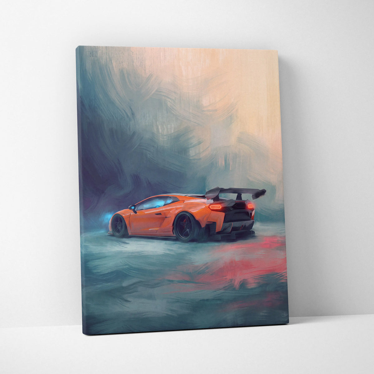 Custom lamborghini huracán inspired orange sports car stylized painting on canvas luxury supercar wall art print
