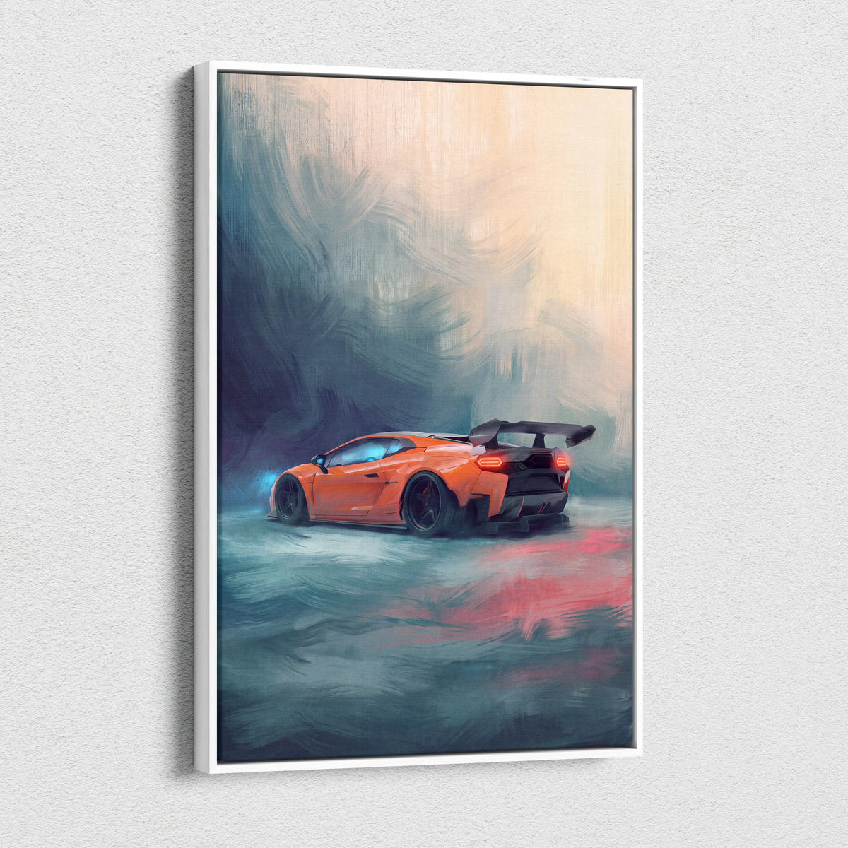Custom lamborghini huracán inspired orange sports car artwork in white frame luxury supercar canvas print