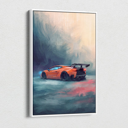 Custom lamborghini huracán inspired orange sports car artwork in white frame luxury supercar canvas print