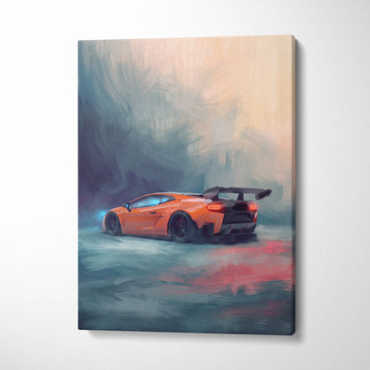 Custom lamborghini huracán inspired orange sports car with black wheels and rear spoiler painted on luxury canvas print