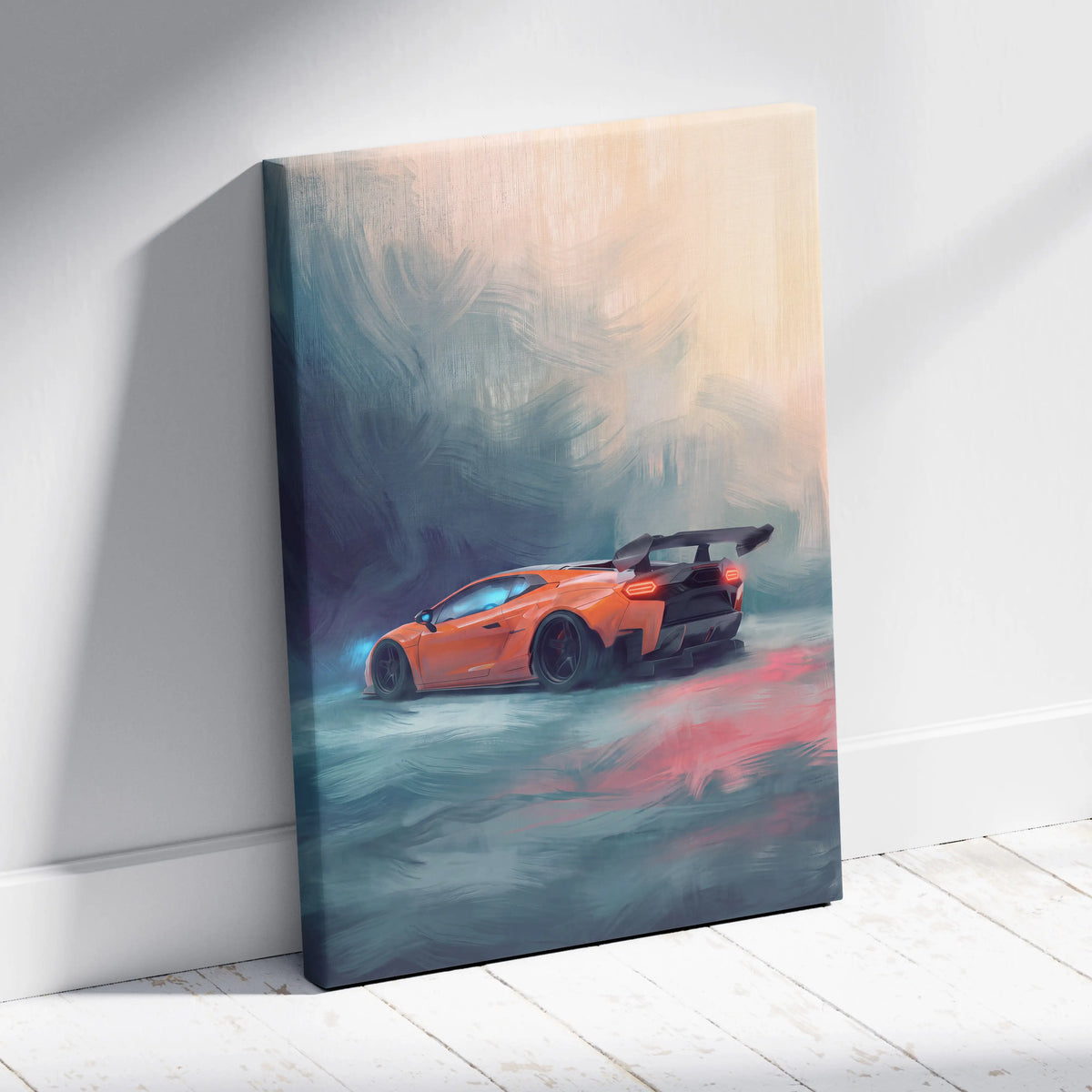 Vibrant orange lamborghini huracán inspired sports car on a stretched canvas luxury automotive wall art print