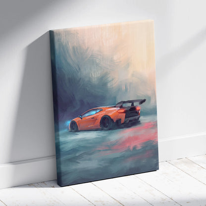 Vibrant orange lamborghini huracán inspired sports car on a stretched canvas luxury automotive wall art print