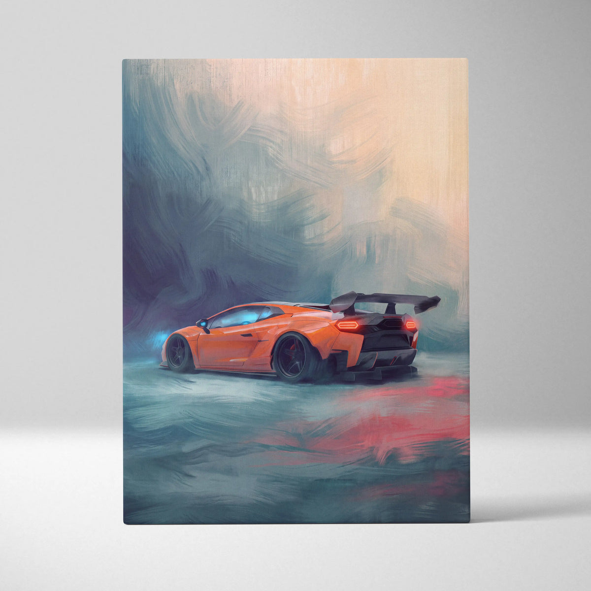 Custom lamborghini huracán inspired automotive wall art featuring vibrant orange sports car with glowing taillights and black spoiler